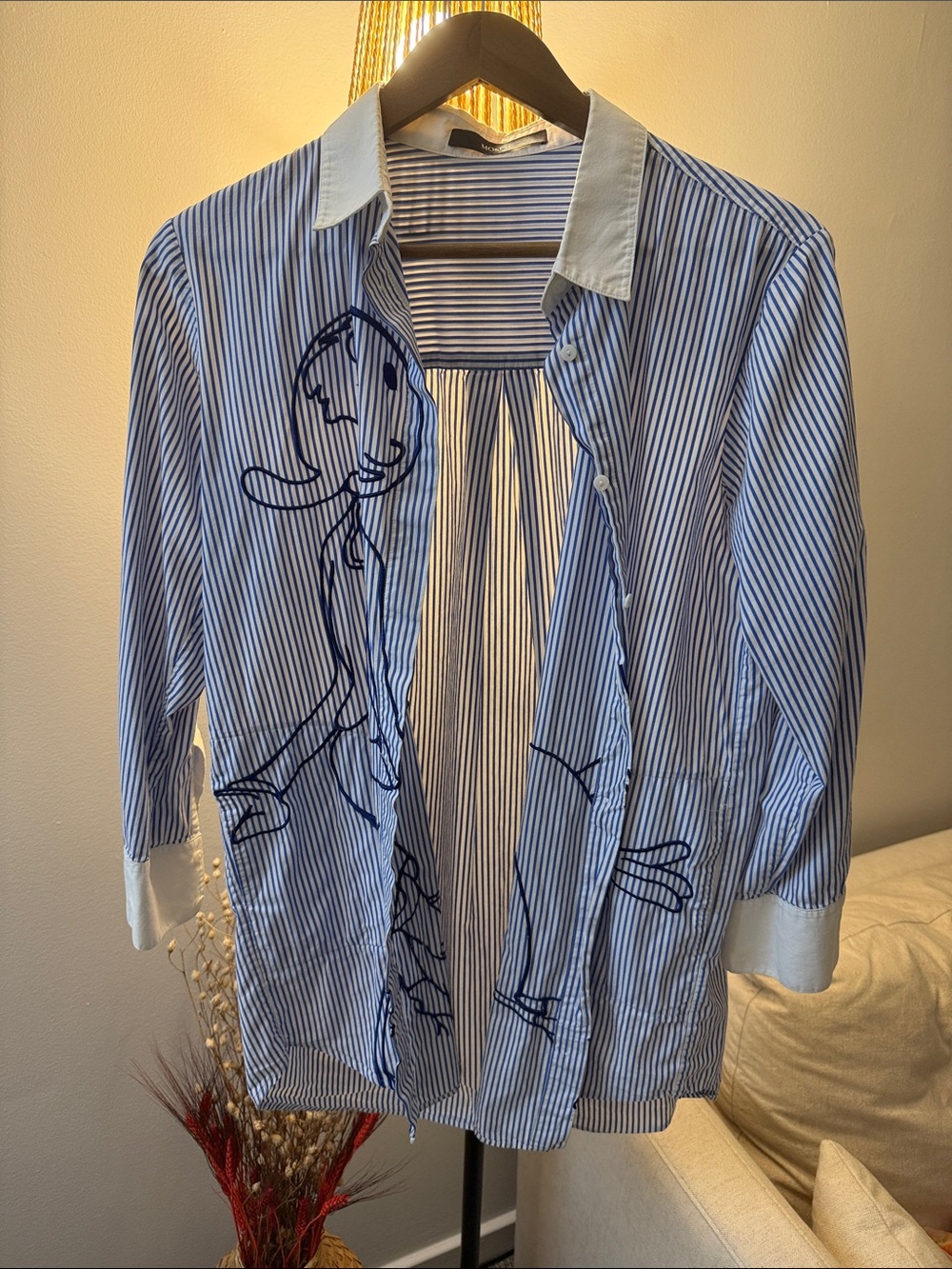Blue & White Striped Button-Down Tunic with Navy Graphic